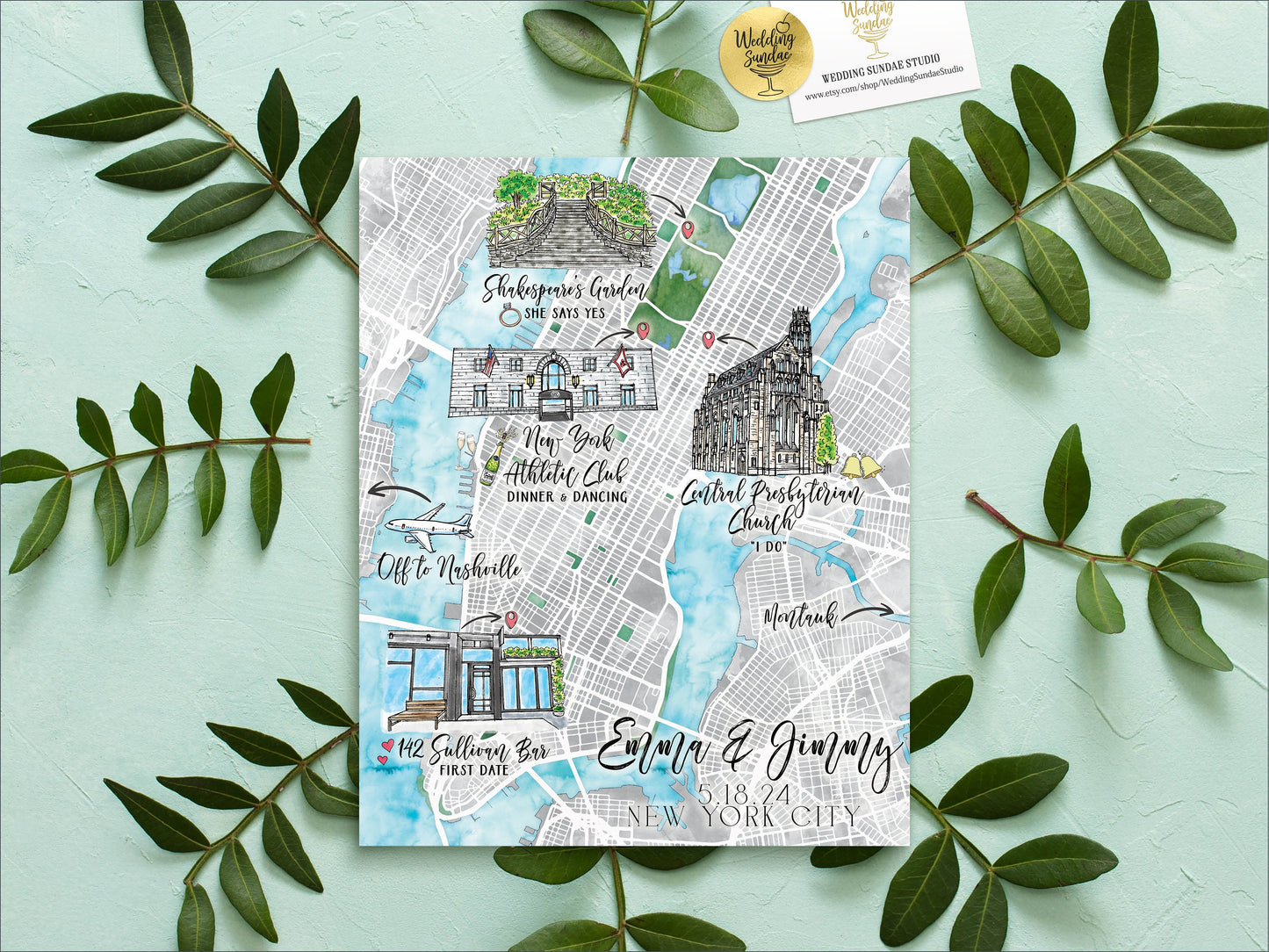 Custom Watercolor Wedding Map: Long Beach NJ, 1-3 Locations (Digital Download)