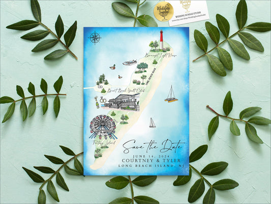 Custom Watercolor Wedding Map: Long Beach NJ, 1-3 Locations (Digital Download)