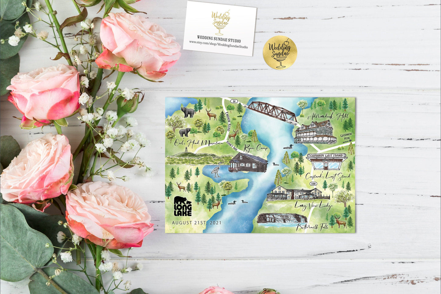 Custom Watercolor Wedding Map: Farm & Barn, 8-9 Locations (Digital Download)