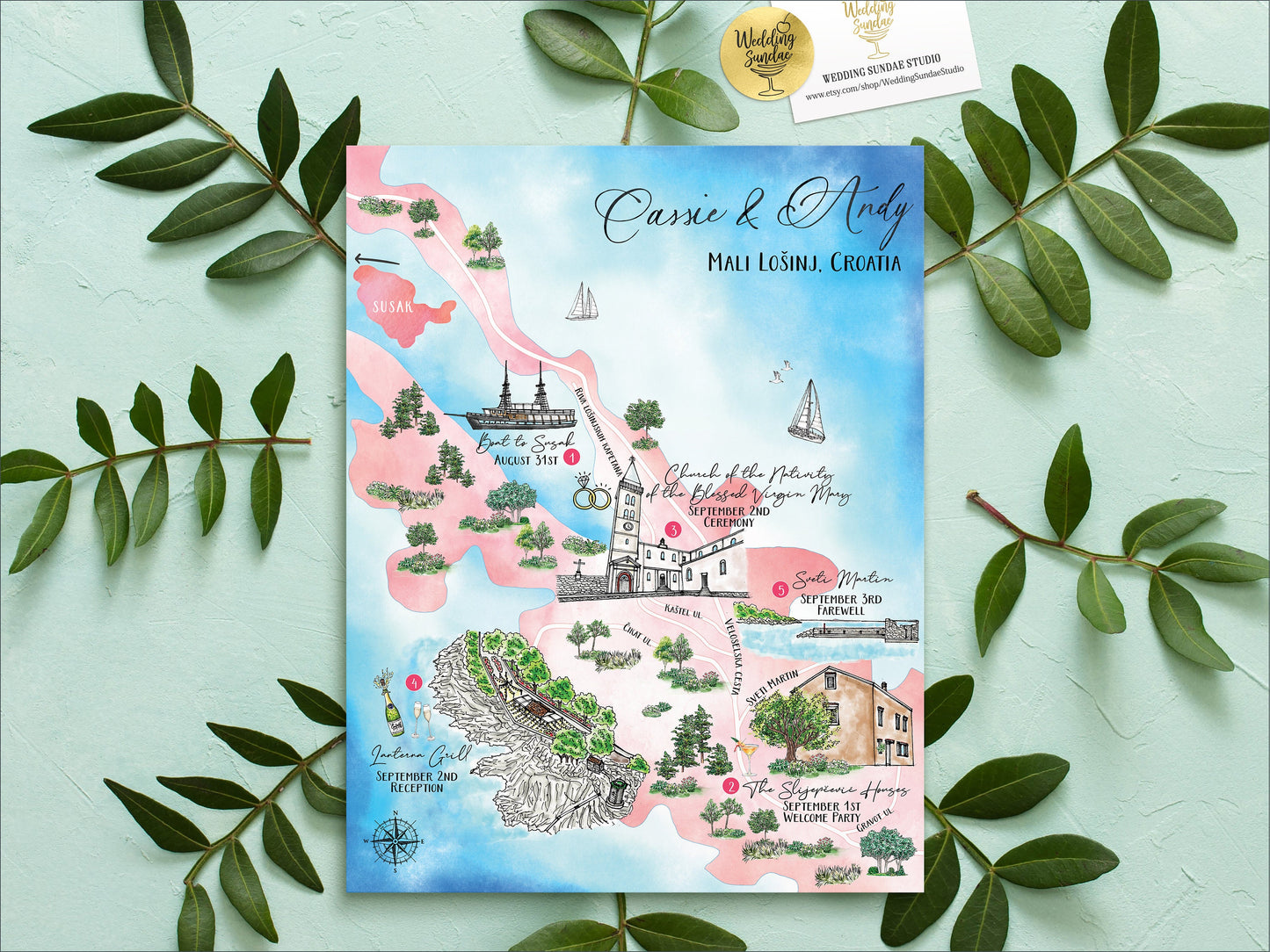 Custom Watercolor Wedding Map: Long Beach NJ, 1-3 Locations (Digital Download)