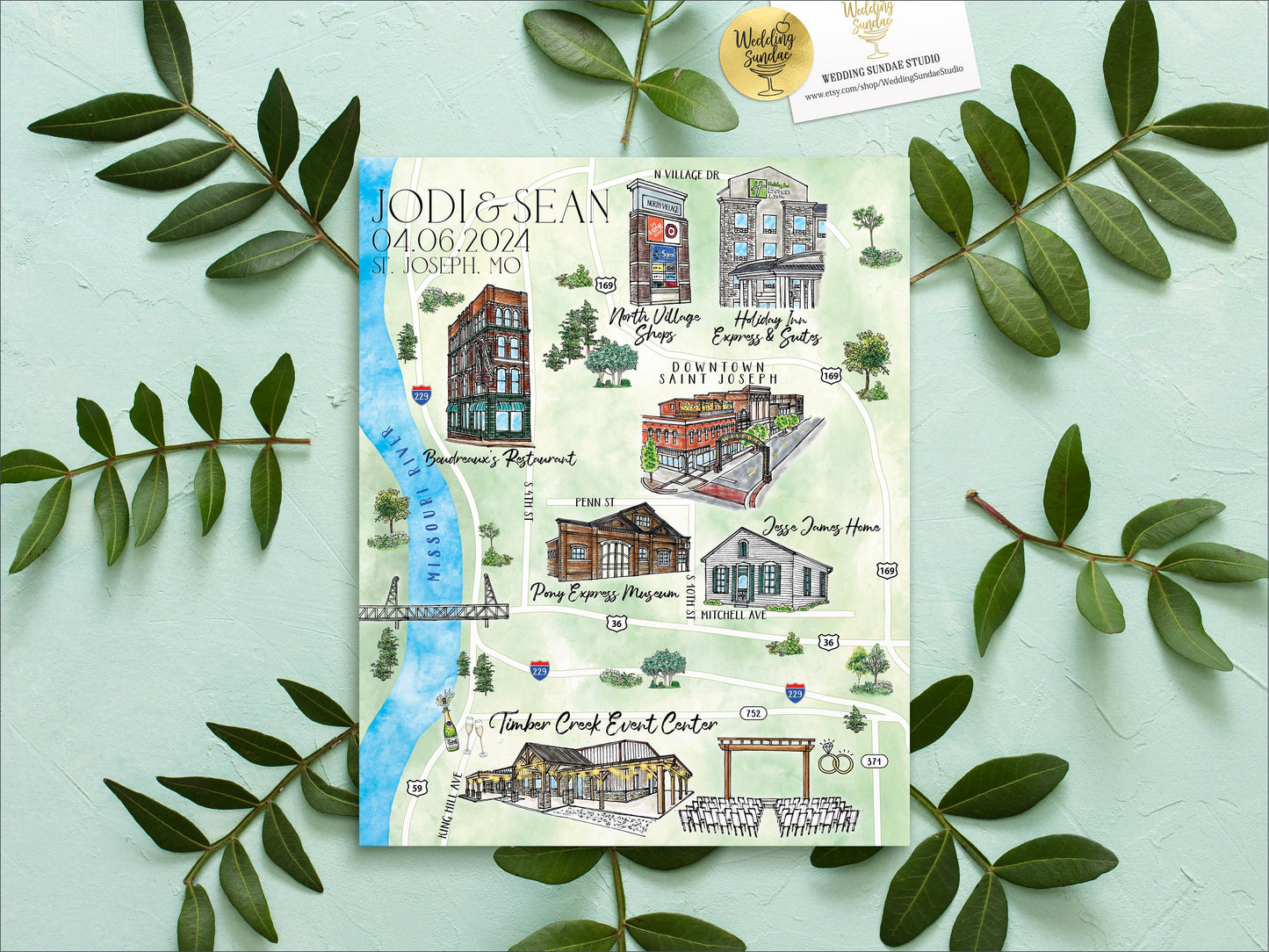 Custom Watercolor Wedding Map: Long Beach NJ, 1-3 Locations (Digital Download)