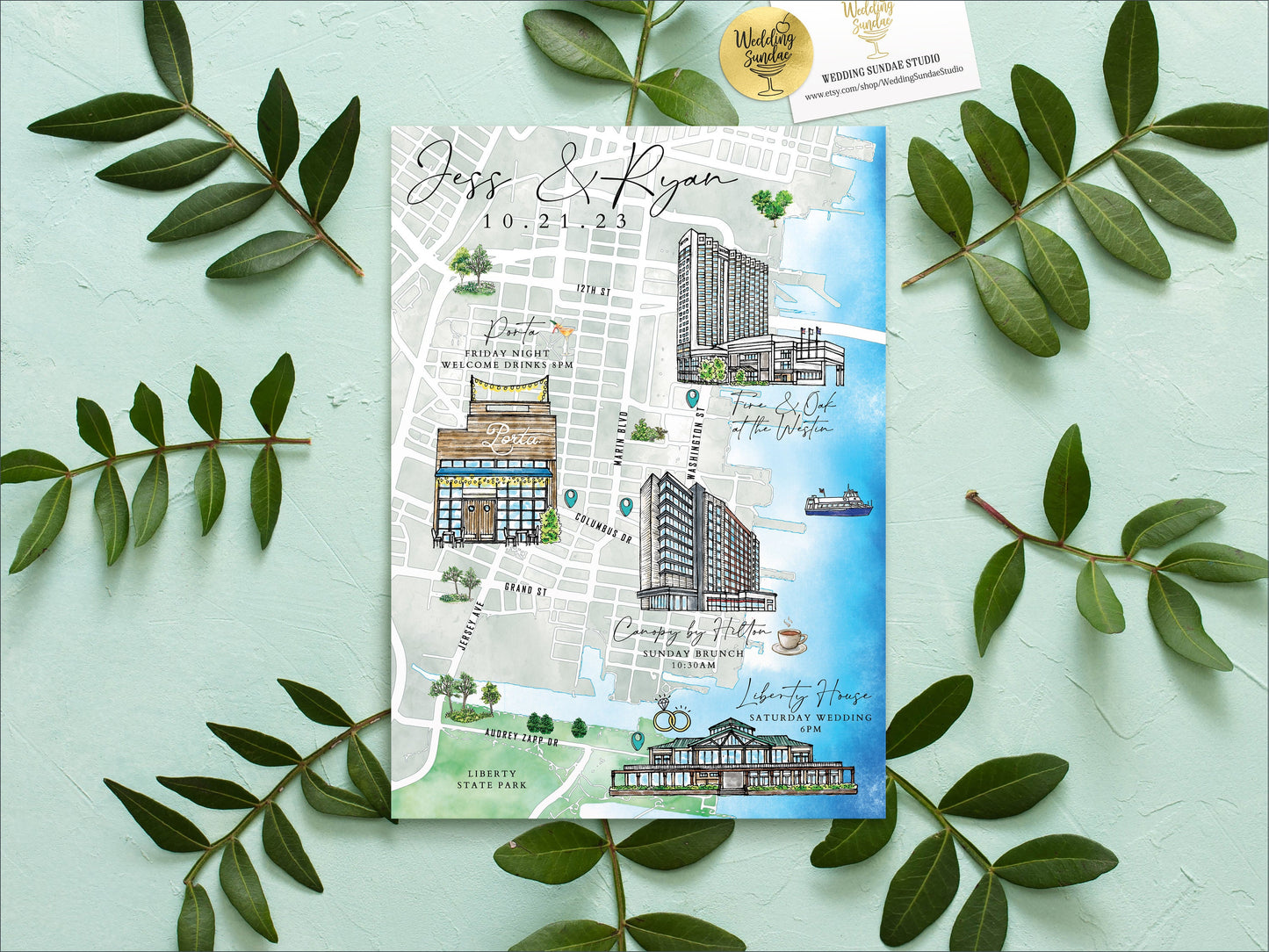 Custom Watercolor Wedding Map: Long Beach NJ, 1-3 Locations (Digital Download)