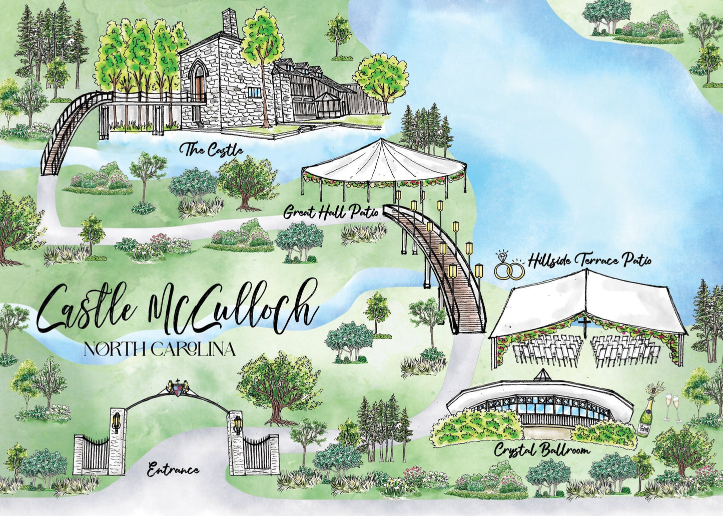 Custom Watercolor Wedding Venue Map (6-7 Locations) (Digital Download)