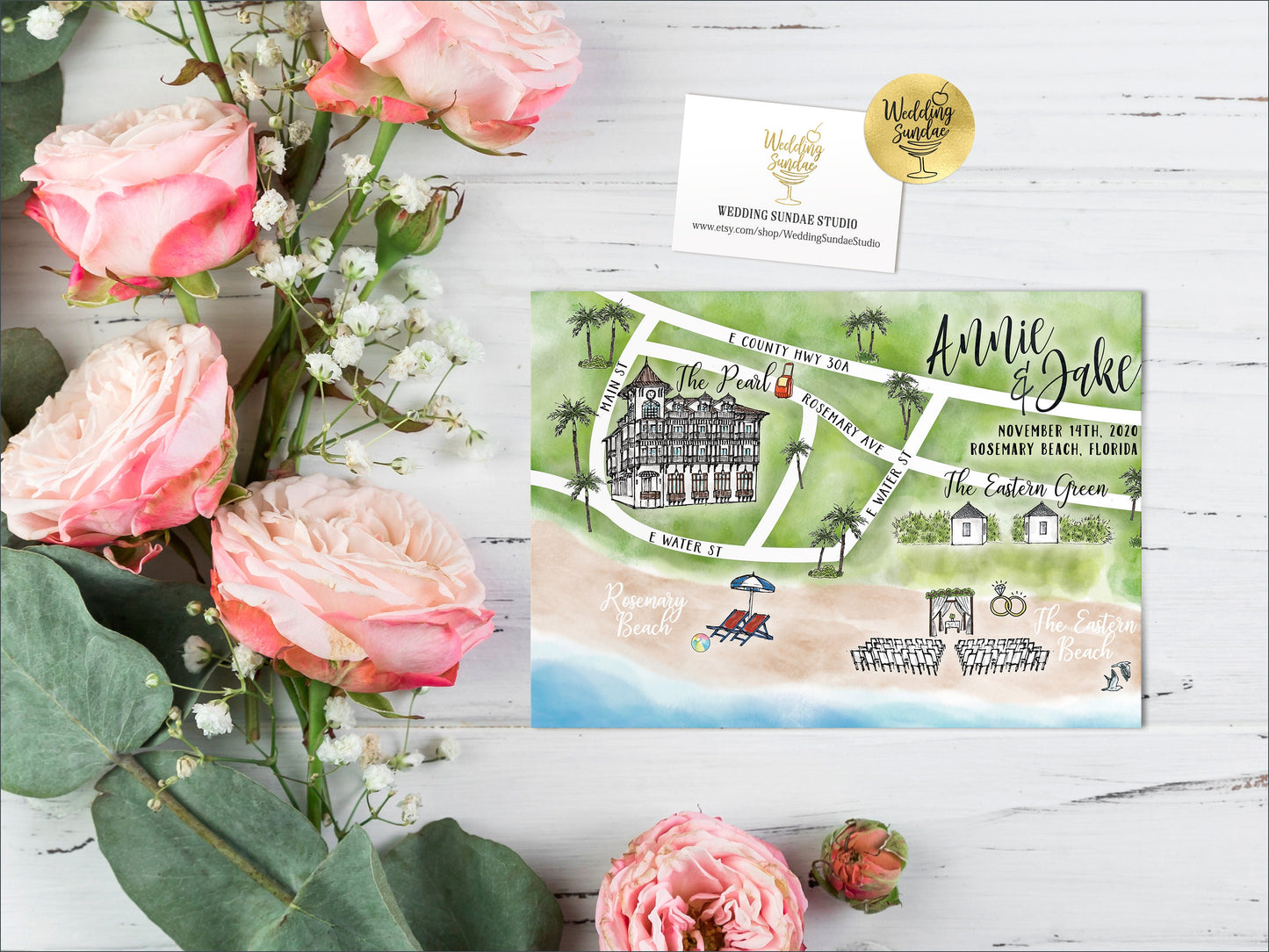 Custom Watercolor Wedding Map: Farm & Barn, 8-9 Locations (Digital Download)