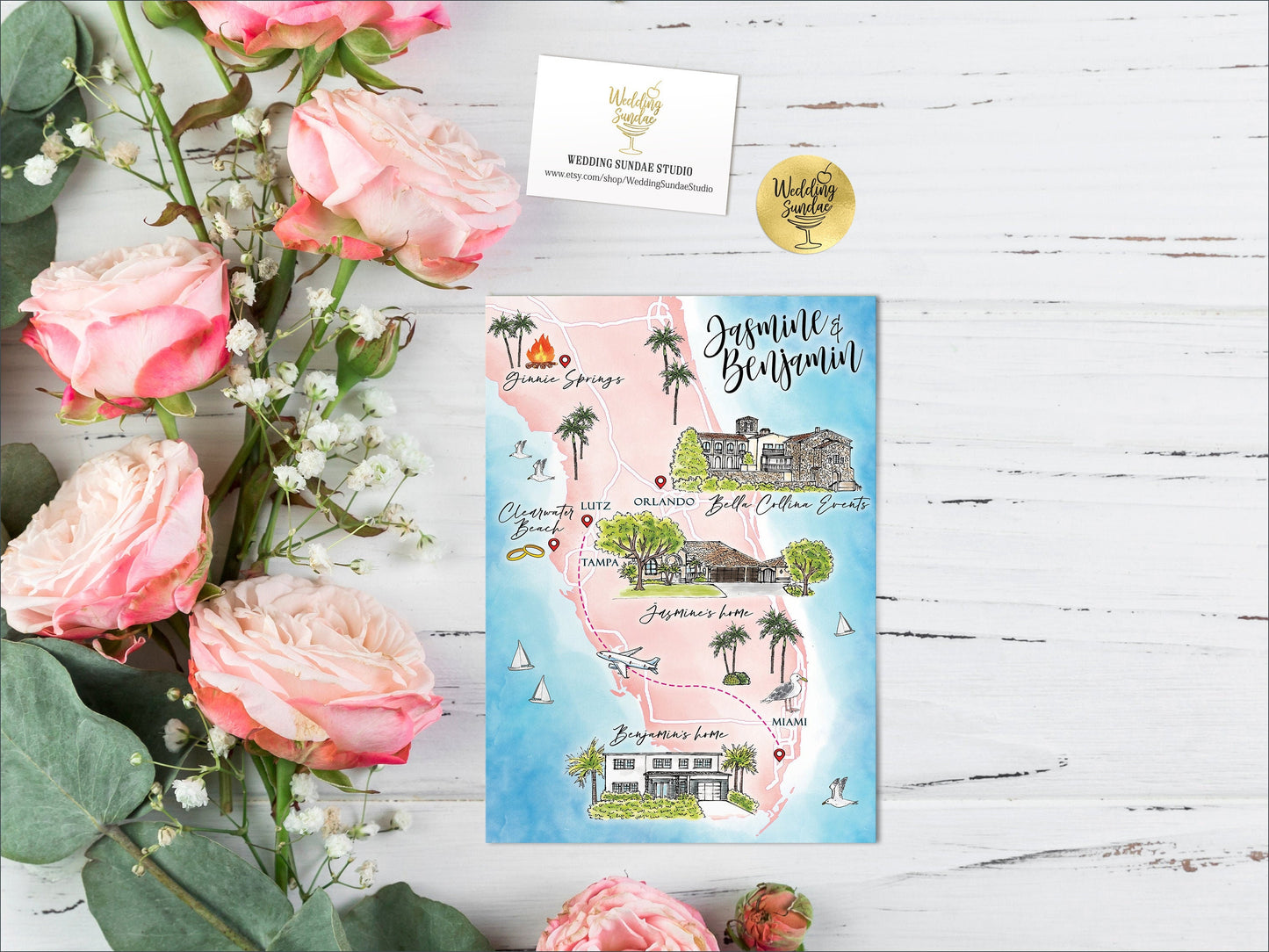 Custom Watercolor Wedding Map: Farm & Barn, 8-9 Locations (Digital Download)