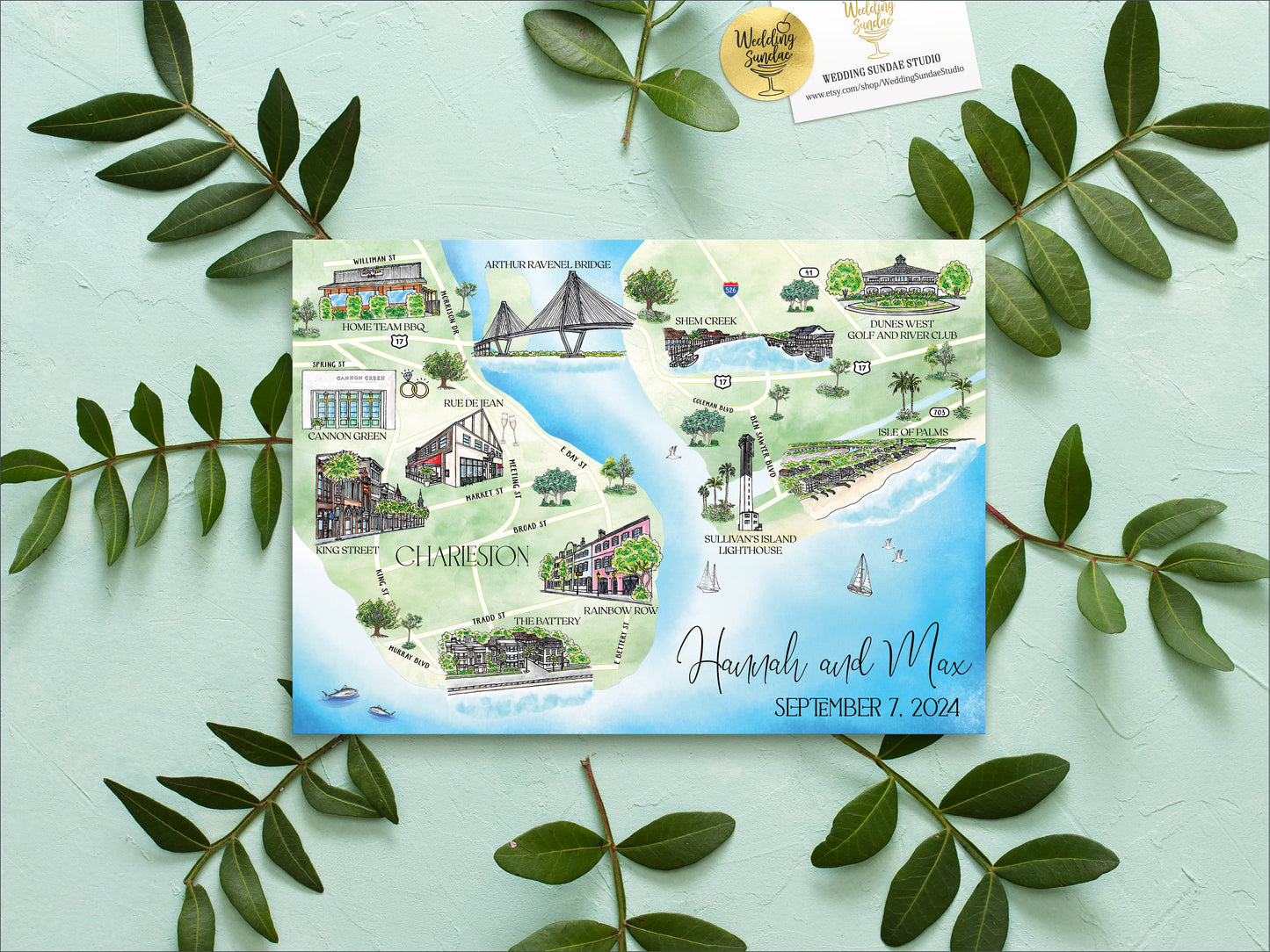 Custom Watercolor Wedding Map: Long Beach NJ, 1-3 Locations (Digital Download)