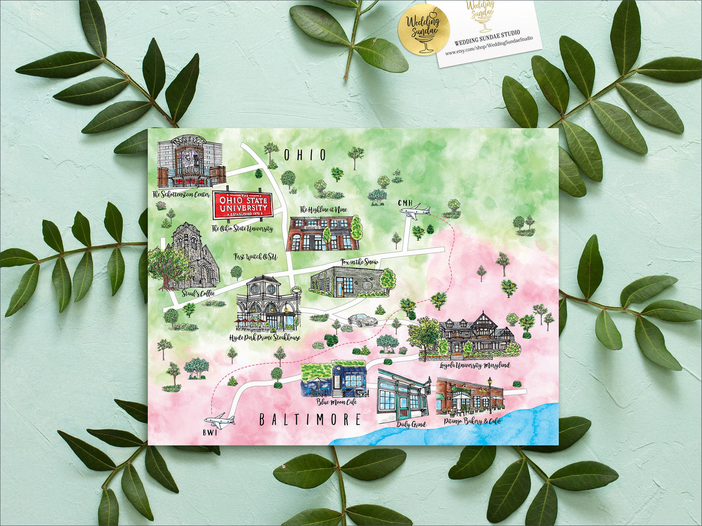 Custom Watercolor Wedding Map: Colorado, 10-11 Locations (Digital Download)