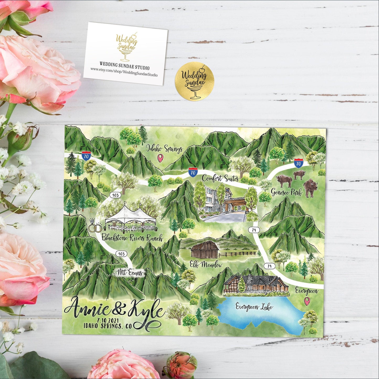 Custom Watercolor Wedding Map: Farm & Barn, 8-9 Locations (Digital Download)
