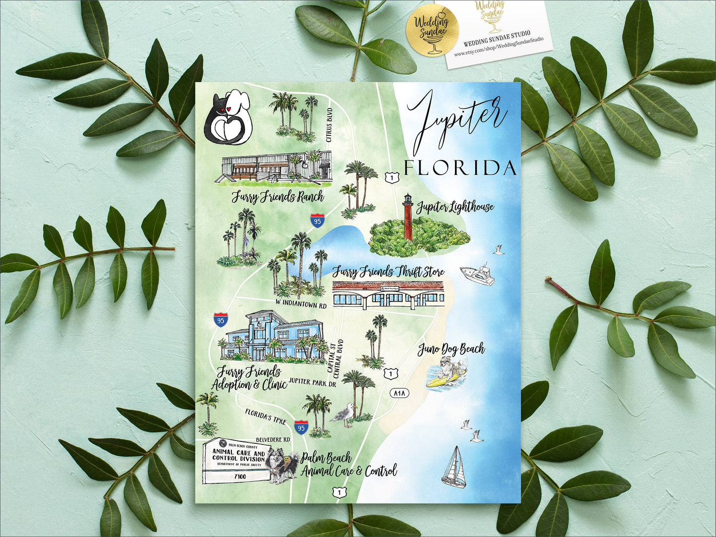 Custom Watercolor Wedding Map: Long Beach NJ, 1-3 Locations (Digital Download)