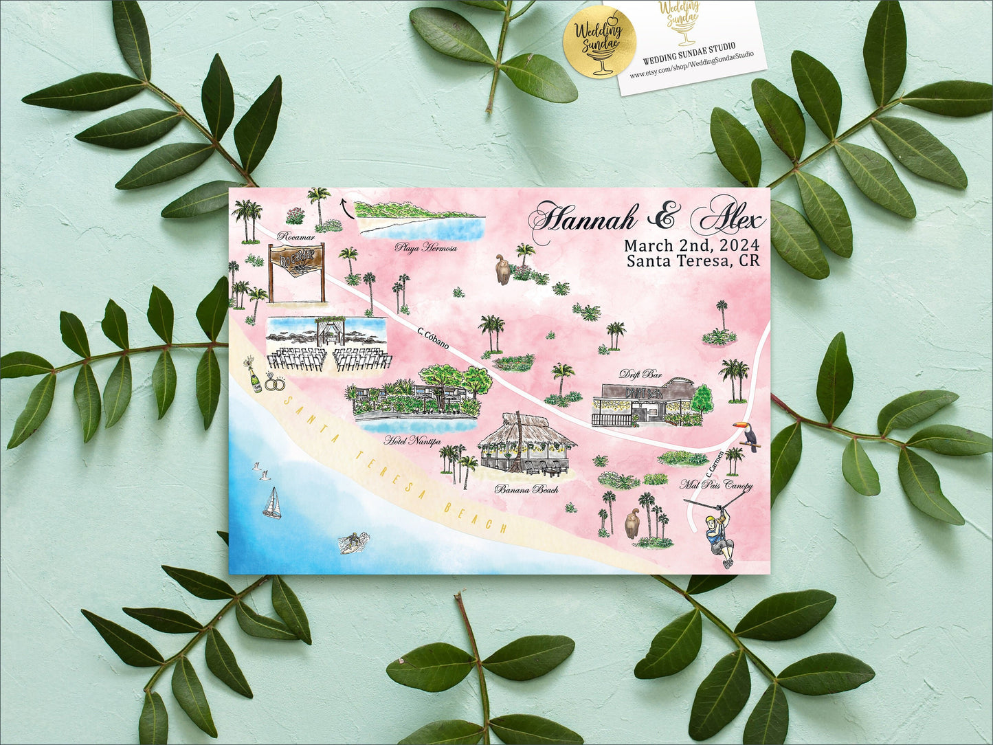 Custom Watercolor Wedding Map: Long Beach NJ, 1-3 Locations (Digital Download)