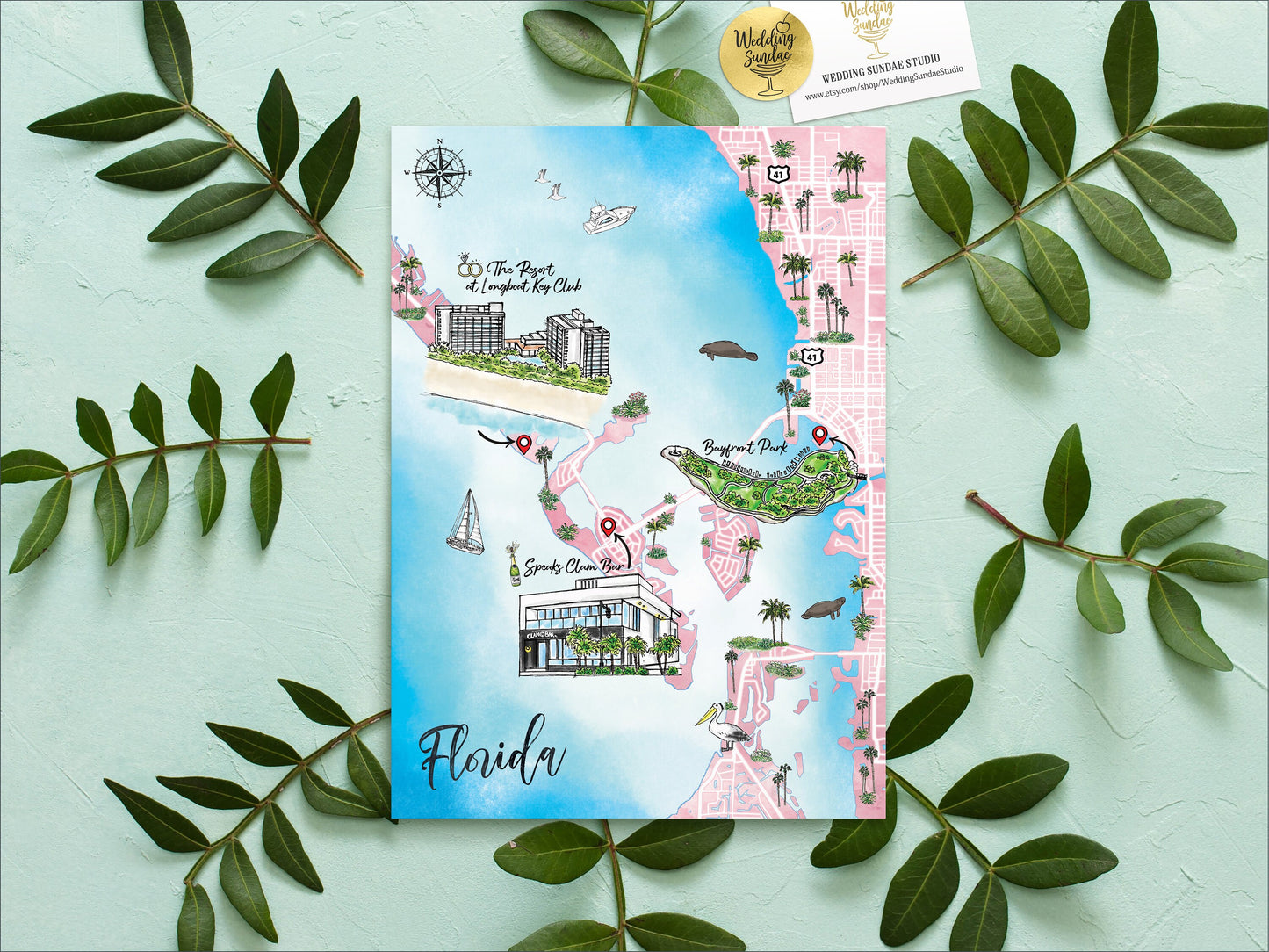 Custom Watercolor Wedding Map: Long Beach NJ, 1-3 Locations (Digital Download)