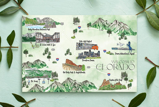 Custom Watercolor Wedding Map: Colorado, 10-11 Locations (Digital Download)
