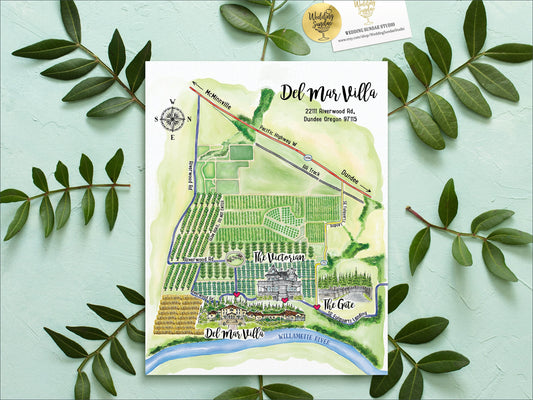Custom Watercolor Wedding Map: Farm & Barn, 8-9 Locations (Digital Download)